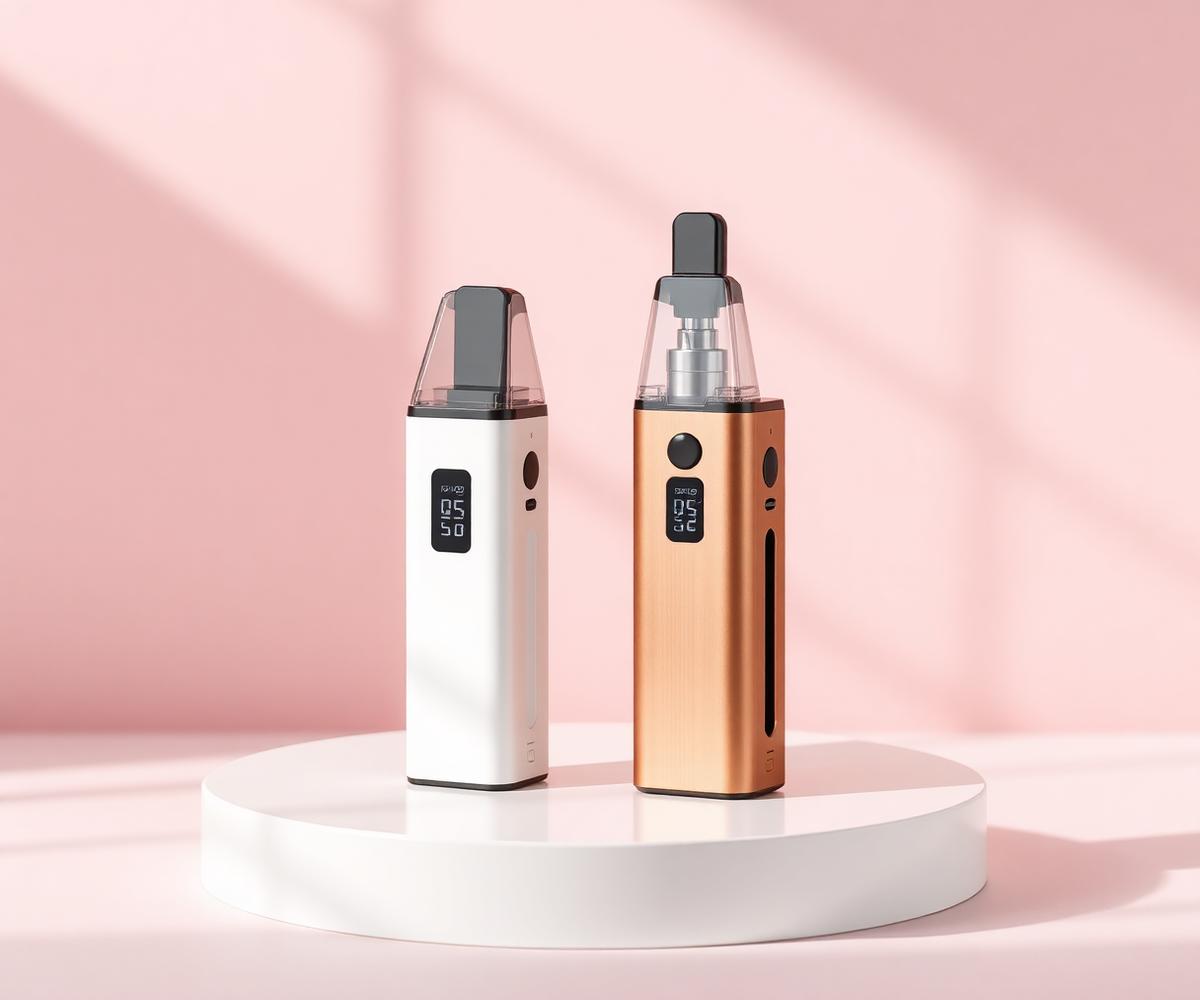 Two sleek flamingo-pink vape pod devices on a soft pink studio backdrop